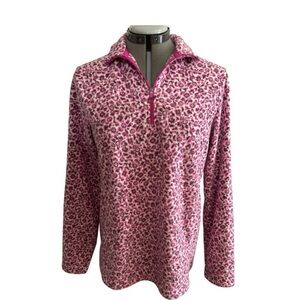 Lands' End Pink Animal Print Fleece leopard soft cozy top large quarter zip